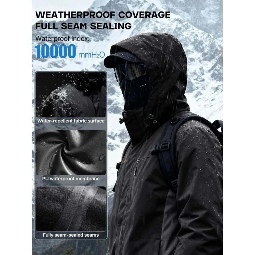 Men's Black Gray Waterproof Ski Snow Jacket Fleece Lined Warm Winter Rain Jacket